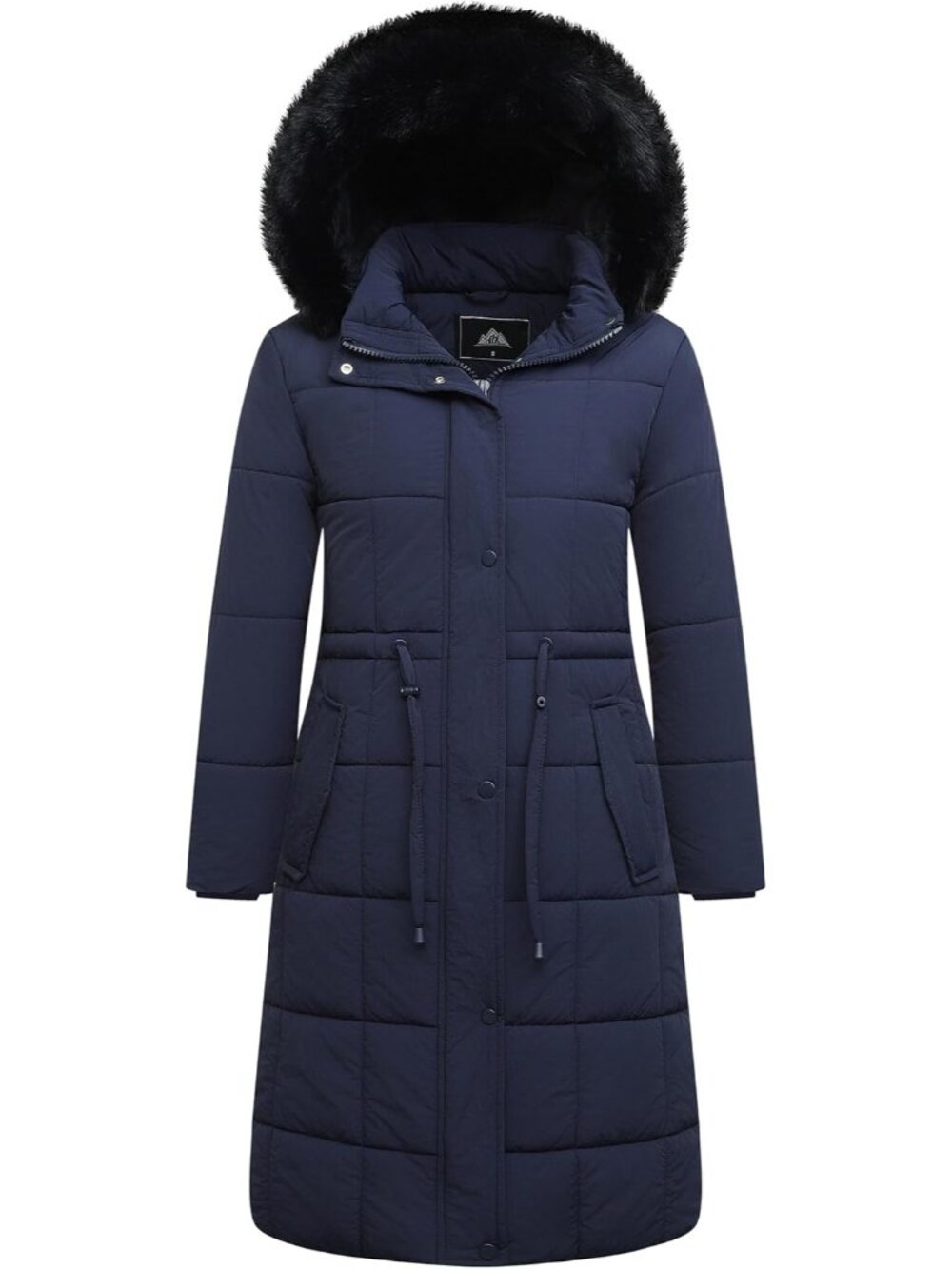 Women's Navy Faux Fur Trim Hooded Long Waterproof Winter Puffer Parka Jacket